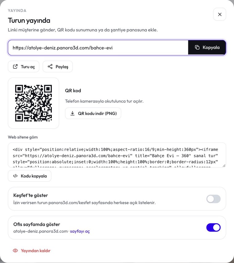 Yayın penceresinde link, QR kod ve gömme kodu
